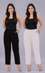 Women's Regular Fit Mid-Rise Ankle Length Solid Cotton Trouser Pants Combo Pack of 2 Pc