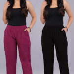 Women's Regular Fit Mid-Rise Ankle Length Solid Cotton Trouser Pants Combo Pack of 2 Pc