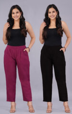 Women's Regular Fit Mid-Rise Ankle Length Solid Cotton Trouser Pants Combo Pack of 2 Pc