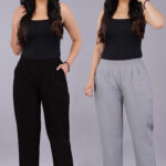 Women's Regular Fit Mid-Rise Ankle Length Solid Cotton Trouser Pants Combo Pack of 2 Pc