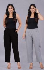 Women's Regular Fit Mid-Rise Ankle Length Solid Cotton Trouser Pants Combo Pack of 2 Pc