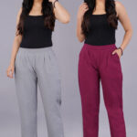 Women's Regular Fit Mid-Rise Ankle Length Solid Cotton Trouser Pants Combo Pack of 2 Pc