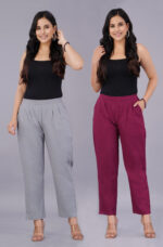 Women's Regular Fit Mid-Rise Ankle Length Solid Cotton Trouser Pants Combo Pack of 2 Pc