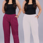 Women's Regular Fit Mid-Rise Ankle Length Solid Cotton Trouser Pants Combo Pack of 2 Pc