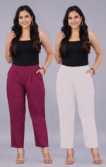 Women's Regular Fit Mid-Rise Ankle Length Solid Cotton Trouser Pants Combo Pack of 2 Pc