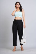 Women's Regular Fit Mid-Rise Ankle Length Solid Cotton Trouser Pant